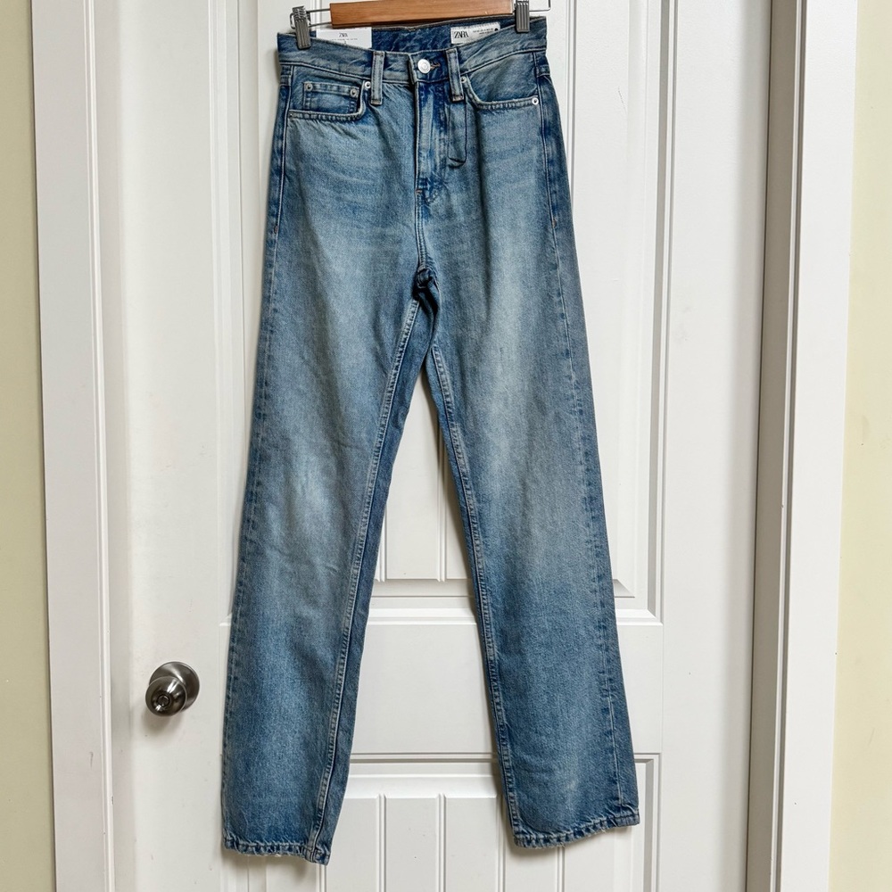 NWT Zara 100% Cotton Mid Rise Straight Leg Jeans in Antique Indigo 0 inseam 31”